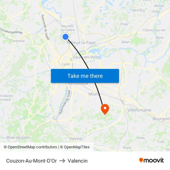 Couzon-Au-Mont-D'Or to Valencin map