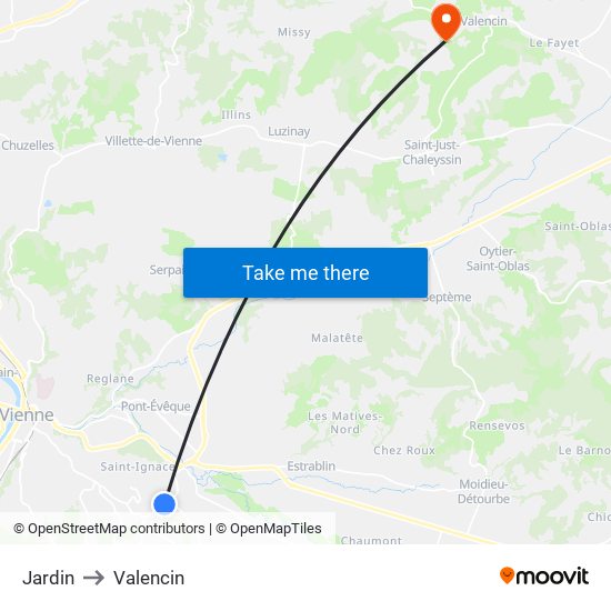 Jardin to Valencin map