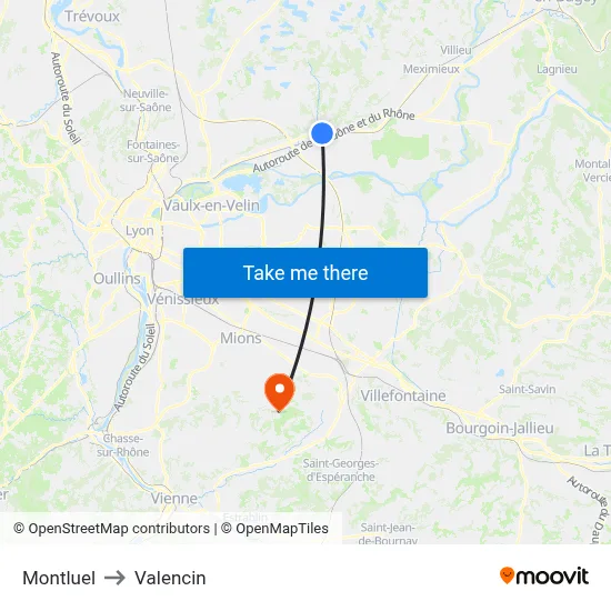 Montluel to Valencin map