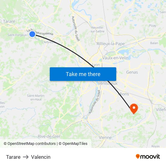 Tarare to Valencin map