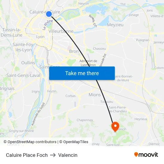 Caluire Place Foch to Valencin map