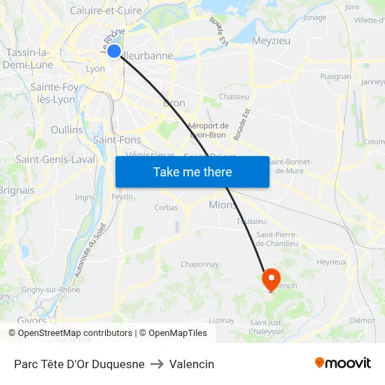 Parc Tête D'Or Duquesne to Valencin map