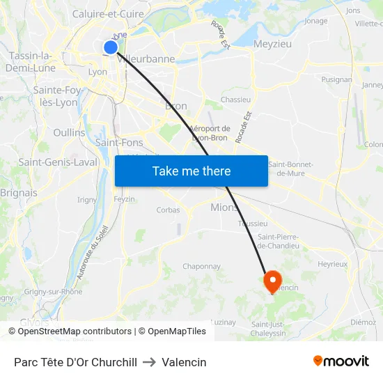 Parc Tête D'Or Churchill to Valencin map