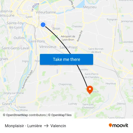 Monplaisir - Lumière to Valencin map