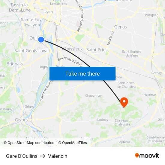 Gare D'Oullins to Valencin map