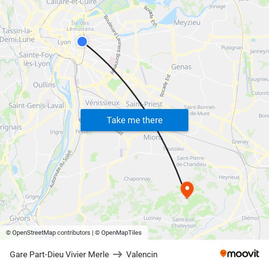 Gare Part-Dieu Vivier Merle to Valencin map
