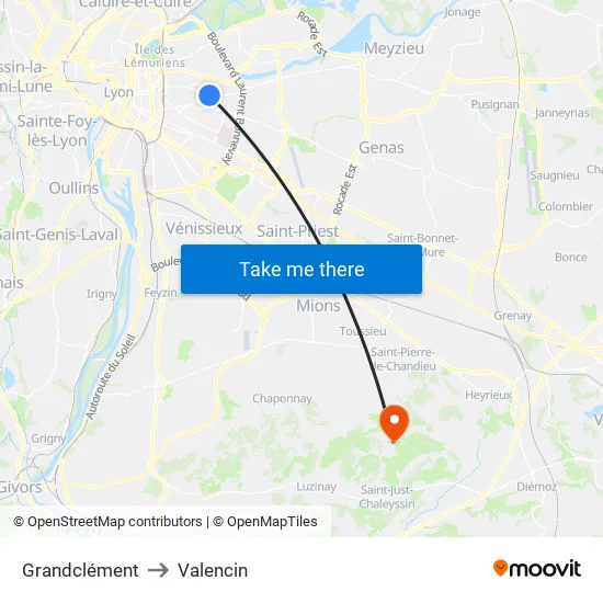 Grandclément to Valencin map
