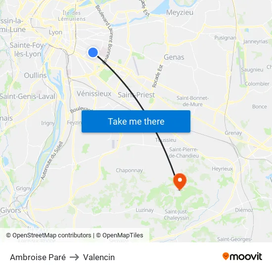 Ambroise Paré to Valencin map