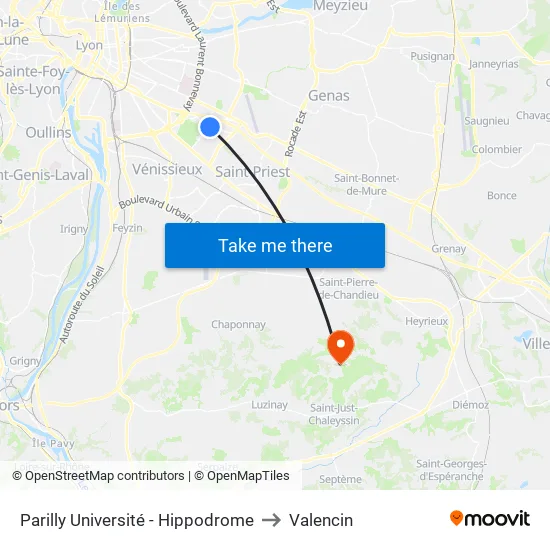 Parilly Université - Hippodrome to Valencin map