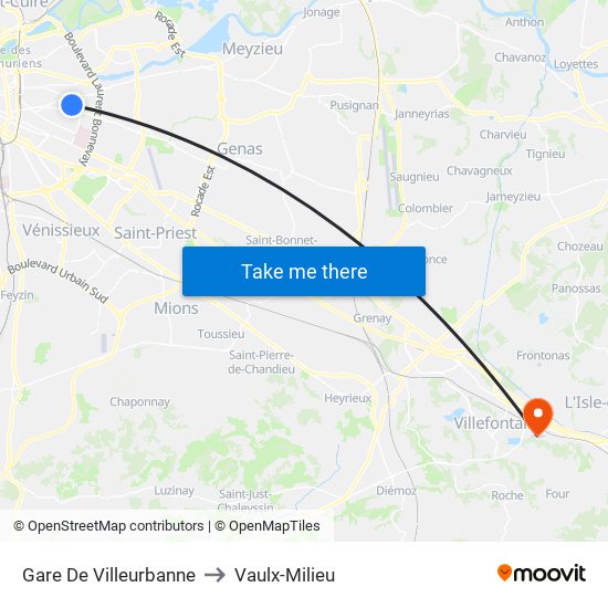 Gare De Villeurbanne to Vaulx-Milieu map