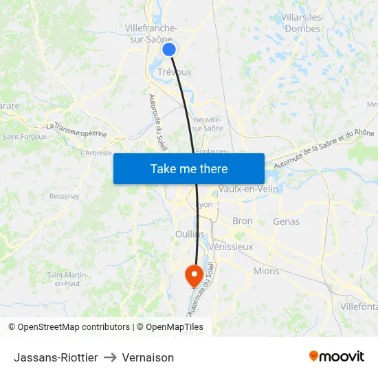 Jassans-Riottier to Vernaison map