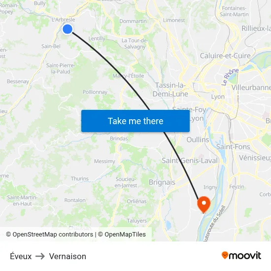 Éveux to Vernaison map