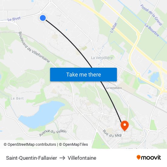 Saint-Quentin-Fallavier to Villefontaine map