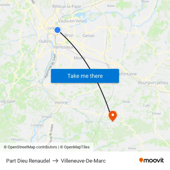Part-Dieu Renaudel to Villeneuve-De-Marc map