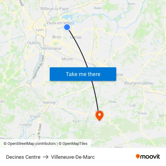 Decines Centre to Villeneuve-De-Marc map
