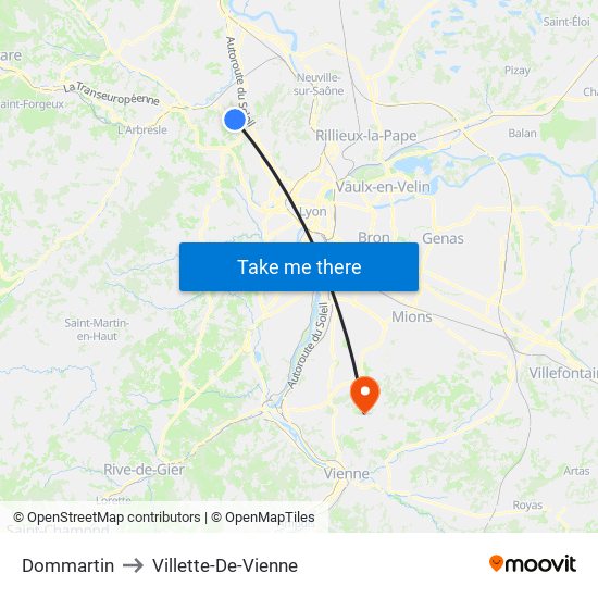 Dommartin to Villette-De-Vienne map