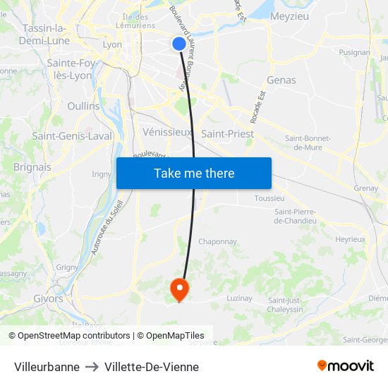 Villeurbanne to Villette-De-Vienne map