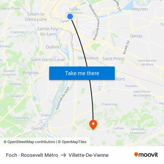 Foch - Roosevelt Métro to Villette-De-Vienne map