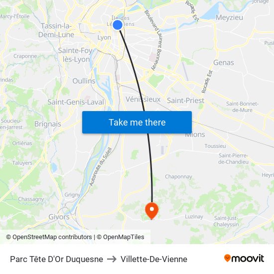 Parc Tête D'Or Duquesne to Villette-De-Vienne map