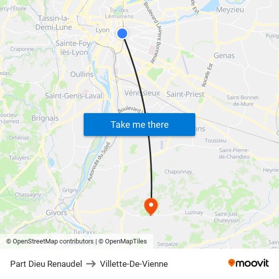 Part Dieu Renaudel to Villette-De-Vienne map