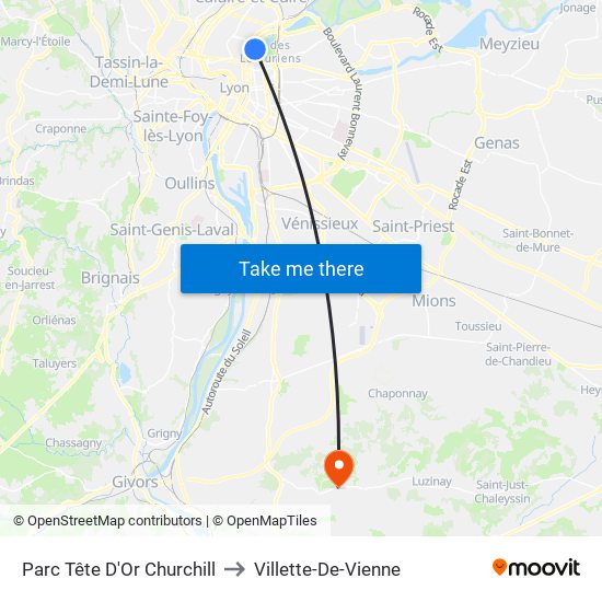 Parc Tête D'Or Churchill to Villette-De-Vienne map