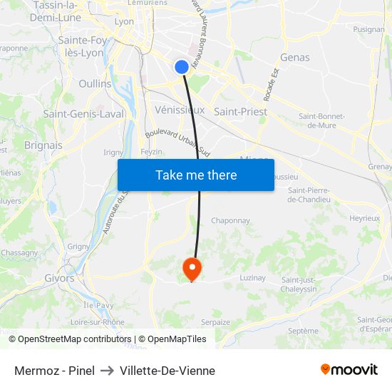 Mermoz - Pinel to Villette-De-Vienne map