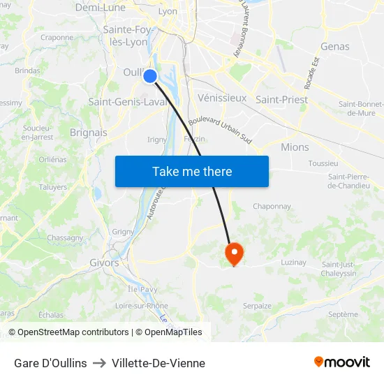 Gare D'Oullins to Villette-De-Vienne map