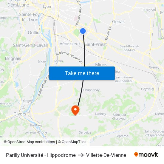 Parilly Université - Hippodrome to Villette-De-Vienne map