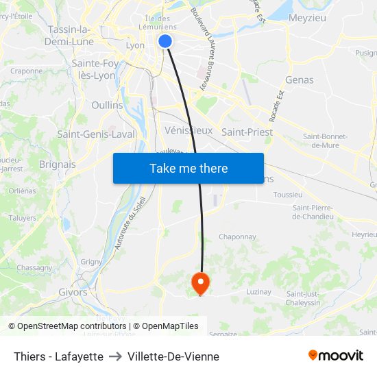 Thiers - Lafayette to Villette-De-Vienne map