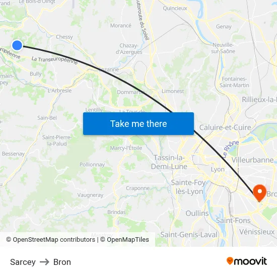 Sarcey to Bron map