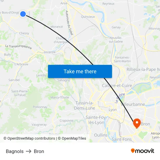 Bagnols to Bron map