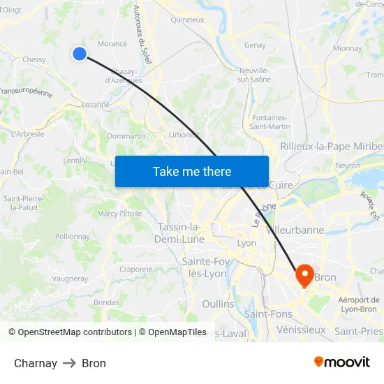 Charnay to Bron map