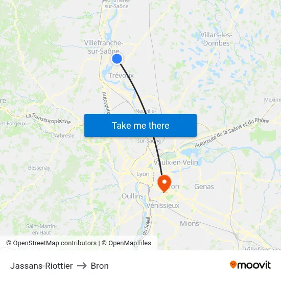 Jassans-Riottier to Bron map