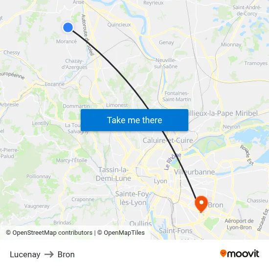 Lucenay to Bron map