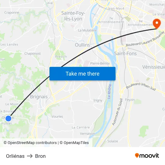 Orliénas to Bron map