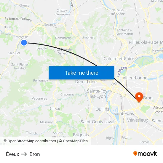 Éveux to Bron map