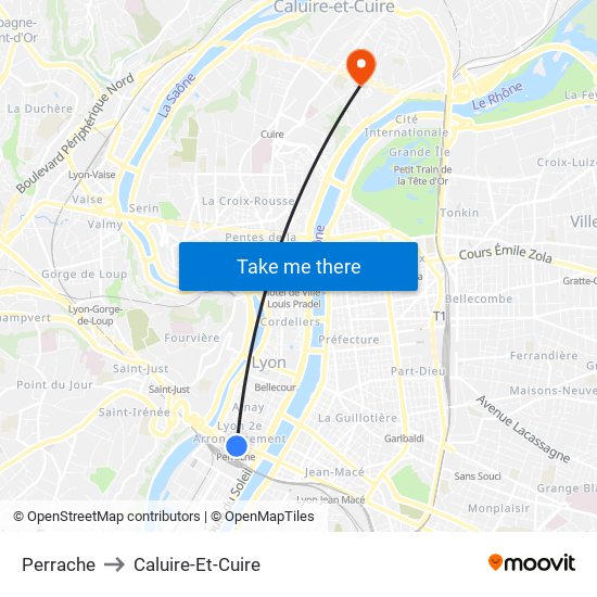 Perrache to Caluire-Et-Cuire map