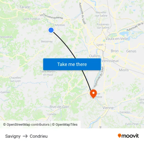 Savigny to Condrieu map