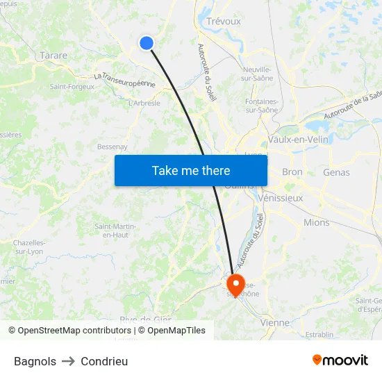 Bagnols to Condrieu map