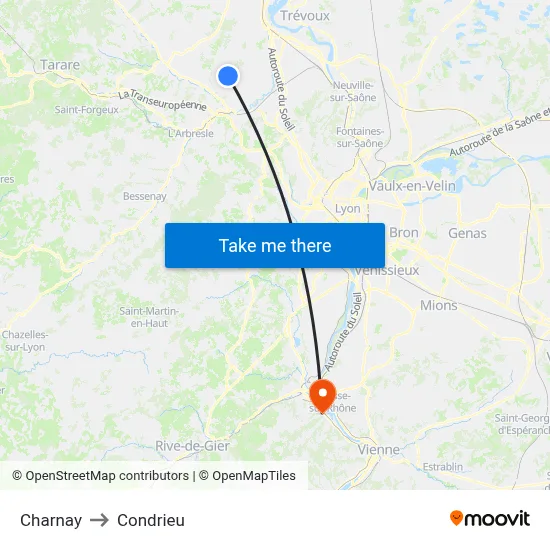 Charnay to Condrieu map