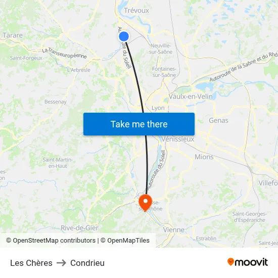 Les Chères to Condrieu map