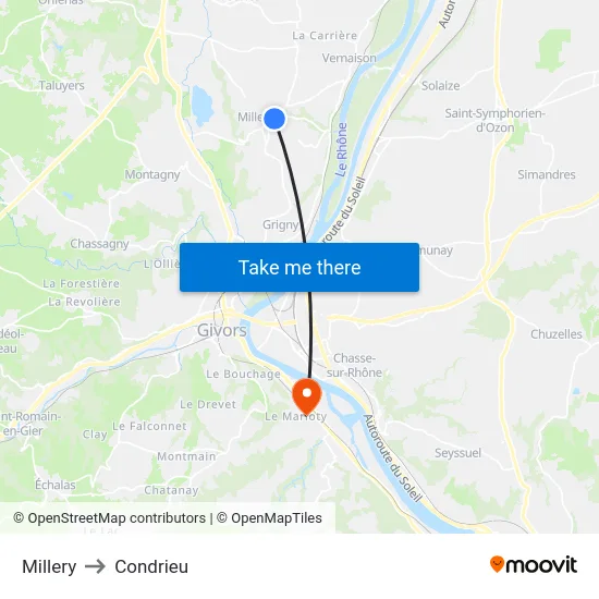 Millery to Condrieu map