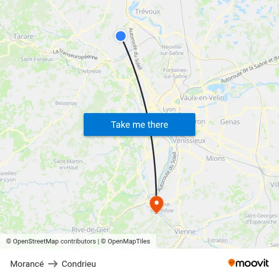 Morancé to Condrieu map