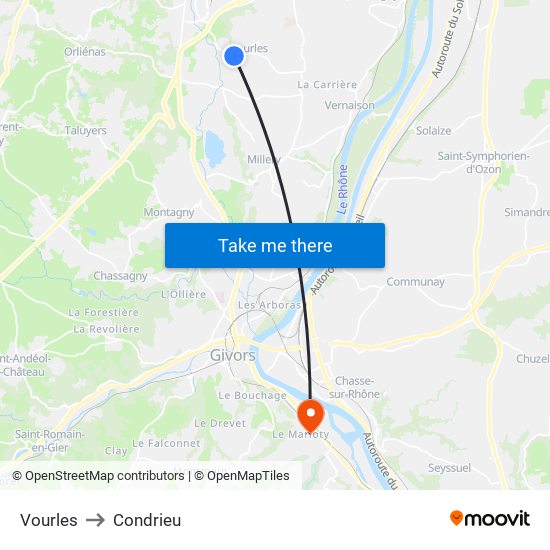 Vourles to Condrieu map