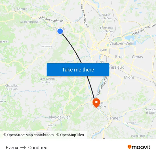 Éveux to Condrieu map