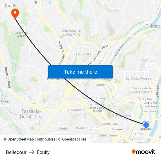 Bellecour to Écully map