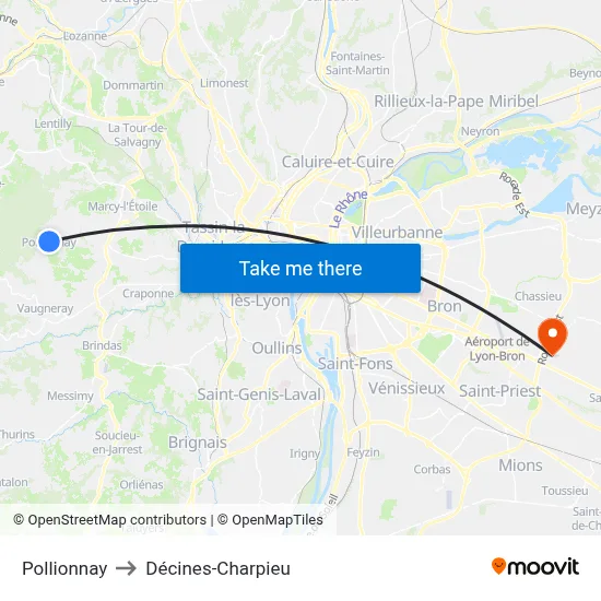 Pollionnay to Décines-Charpieu map