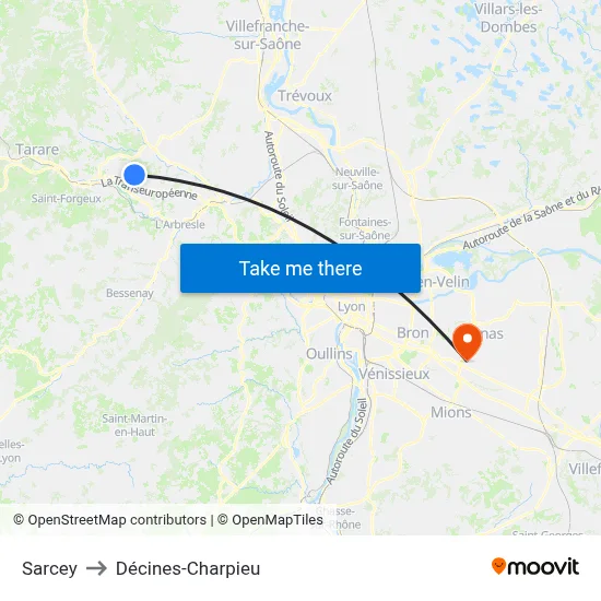Sarcey to Décines-Charpieu map
