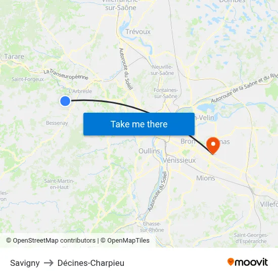 Savigny to Décines-Charpieu map