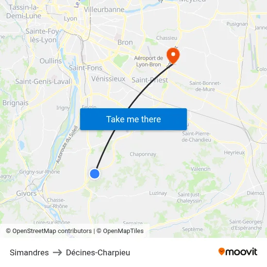 Simandres to Décines-Charpieu map